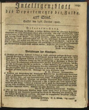 43tes Stück. Cassel den 24ten October 1808