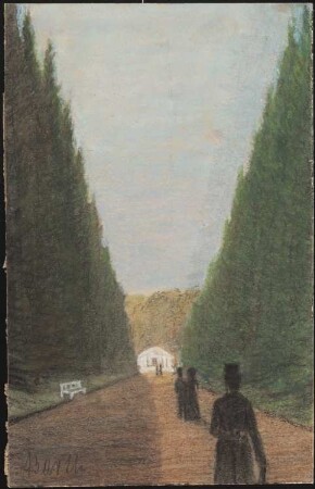 Osterholzer Friedhof, Bremen: Perspektivische Ansicht mit Blick auf die Wegachse zur Kapelle mit Baumreihen von Nadelbäumen und der Kapelle im Hintergrund