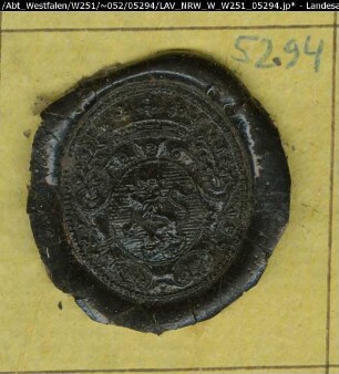 Siegler: Überlieferungsart: Stoff: Lack Farbe: schwarz Form: oval. Durchmesser: 26 mm Art: Typ: Umschrift: