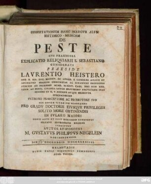 Dissertationem Hanc Inavgvralem Historico-Medicam De Peste Cvi Praemissa Explicatio Reliqviarii S. Sebastiano Consecrati