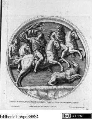 Veteres arcus Augustorum triumphis insignes ex reliquiis quae Romae sunt adhuc supersunt cum imaginibus triumphalibus restituti antiquis nummis notisquae Io. Petri Bellorii illustrati, 1. Ausgabe Romae : Io. Iacobus De Rubeis, MDCXC, Tafel 34: Der Konstantinsbogen - Arco di Costantino, Detail der Südfront, Tondo: Bärenjagd