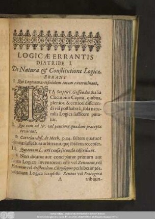 Logicae Errantis Diatribe I. De Natura & Constitutione Logicae.