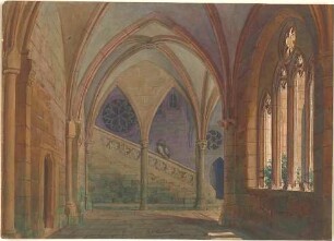 Walther, Conradin; Sammlung Conradin Walther: Zeichnungen und sonstige Schriftstücke ohne Nummern - Treppe in einem Kloster (Perspektive)