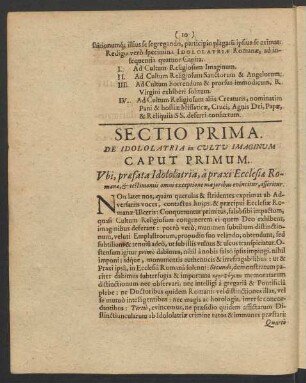 Sectio Prima. De Idololatria in Cultu Imaginum