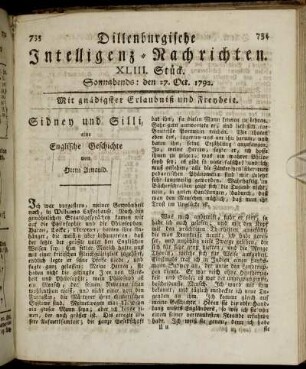 XLIII. Stück. Sonnabends: den 27. Oct. 1792.