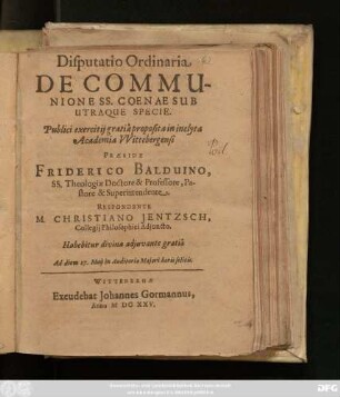 Disputatio Ordinaria De Communione SS. Coenae Sub Utraque Specie