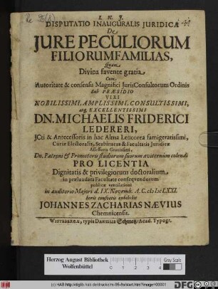 Disputatio Inauguralis Iuridica De Iure Peculiorum Filiorum Familias