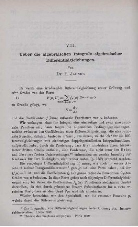 VIII. Ueber die algebraischen Integrale algebraischer Differentialgleichungen.