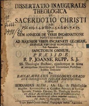 Diss. inaug. theol. de sacerdotio Christi