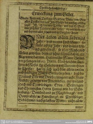 Leichenpredigt : Christliche Leichpredigt. Erweckung zum Gebet