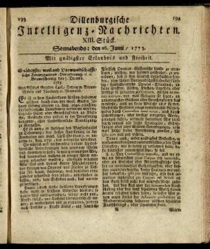 XIII. Stück. Sonnabends: den 26. Junii / 1773.