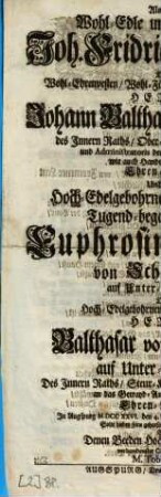 Als der Wohl-Edle und Veste Herr Joh. Fridrich Gullman[n], Deß ... Johann Balthasar Gullmanns ... Ehren-Sohn, Und die Hoch-Edelgebohrne, Hoch-Ehren- und Tugend-begabte Fräulein Euphrosina Regina von Schnurbein, auf Unter-Meitingen, Deß ... Balthasar von Schnurbein ... Ehren-Tochter, In Augspurg MDCCXXVI. den 4. Novembr. solenniter copuliret wurde; Solte hiebey seine gehorsamste Gratulation abstatten, Ein Denen Beeden Hochwerthesten Häusern verbundenster Client, und Diener, M. Tobias Lotter