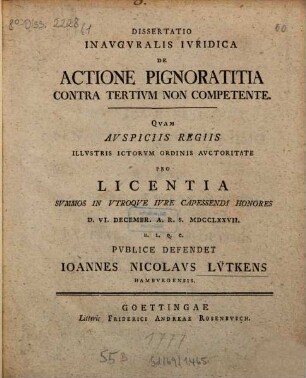 Diss. inaug. iur. de actione pignoratitia contra tertium non competente