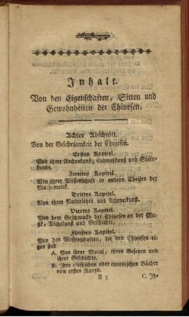 Inhalt. Von den Eigenschaften, Sitten und Gewohnheiten der Chinesen.