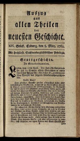 XIX. Stück. Coburg, den 8. May, 1762.