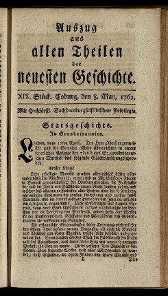 XIX. Stück. Coburg, den 8. May, 1762.