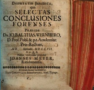 Disputatio Juridica, qua Selectas Conclusiones Forenses