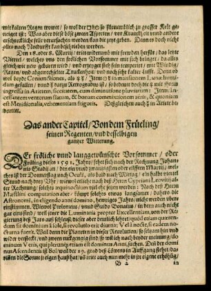 Das ander Capitel/ Von dem Früeling/ seinen Regenten/ und desselbigen gantzer Witterung.
