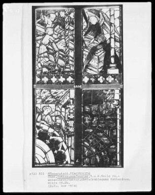 Katharinenfenster: Architektur (unten) und Grablegung der heiligen Katharina (oben)