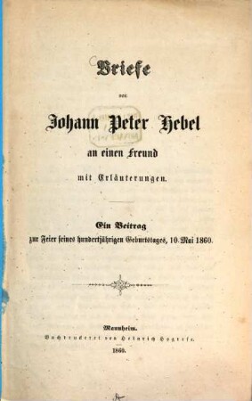 Nachtrag zu den Briefen von Johann Peter Hebel an einen Freund