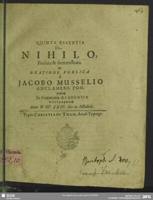 Quinta essentia de nihilo prolata
