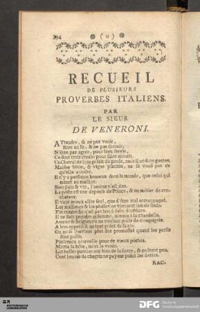 Recueil De Plusieurs Proverbes Italiens Par Le Sieur De Veneroni