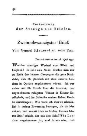 22. Vom General Riedesel an seine Frau - Trois-Rivières den 16. April 1777