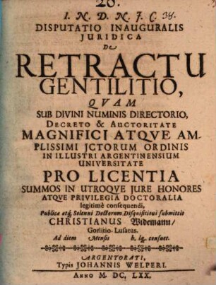Disputatio Inauguralis Iuridica De Retractu Gentilitio