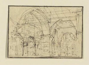 Skizze zu einem Bühnenbild, Blick in eine Halle mit Pfeilerarkaden