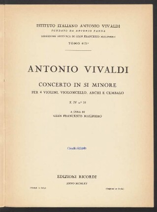 Concerto in Si minore per 4 violini, violoncello, archi e cembalo : F IV n. 10