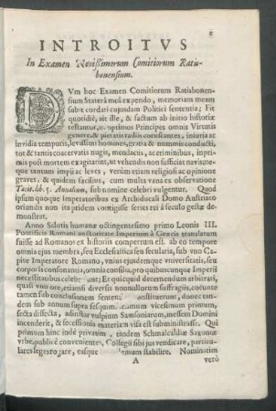 Introitus In Examen Novißimorum Comitiorum Ratisbonensium.