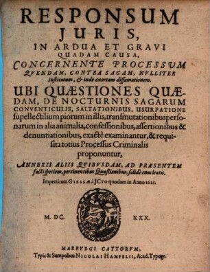 Responsum iuris in ardua et gravi causa, concernente processum quendam contra Sagam, nulliter institutum, et inde exortam diffamationem
