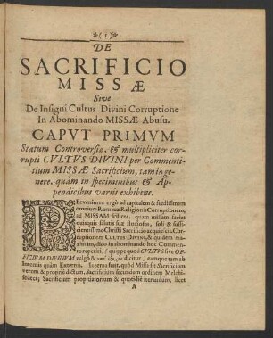 De Sacrificio Missae Sive De Insigni Cultus Divini Corruptione In Abominando Missae Abusu
