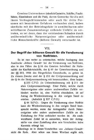VII. Der Begriff der höheren Gewalt für die Versäumung von Notfristen