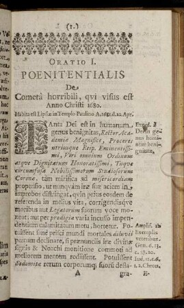 Oratio I. Poenitentialis De Cometa horribili, qui visus est Anno Christi 1680.