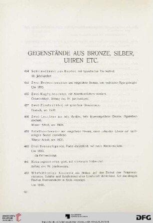 Gegenstände aus Bronze, Silber, Uhren etc. (Nr. 454-493)