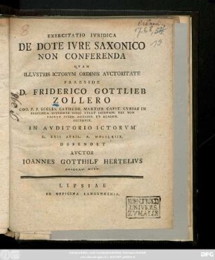 Exercitatio Ivridica De Dote Ivre Saxonico Non Conferenda