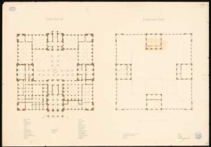 Gebäude für die Vereinigten Großherzoglichen Sammlungen (Kunst, Münzen, Bibliothek, Naturwissenschaften), Karlsruhe: Grundrisse EG und Dachgeschoss