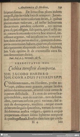 Exercitatio XXII. Cochlea terrestris domiporta. Joh. Jacobo Hardero Joh. Conradus Peierus S. P. D.