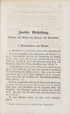 Zwölfte Abtheilung. Wittwen und Waisen der Pfarrer und Schullehrer