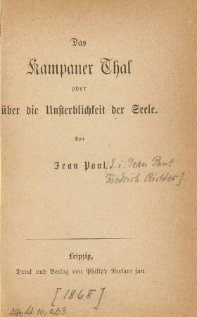 Das Kampaner Thal oder über die Unsterblichkeit der Seele