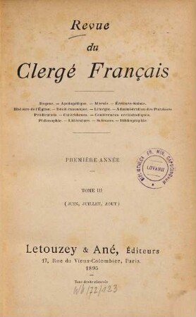 Revue du clergé français. 3. 1895 = Année 1