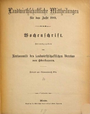 Landwirthschaftliche Mittheilungen : für das Jahr ... ; Wochenschrift. 24. 1889