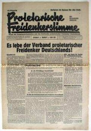 Kommunistische Monatszeitung "Proletarische Freidenkerstimme" zur Gründung des "Verbandes proletarischer Freidenker"