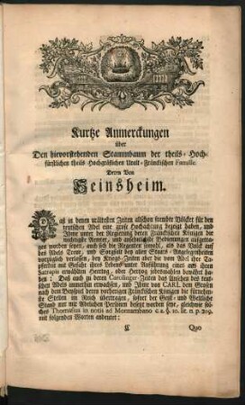 Kurtze Anmerckungen über Den hievorstehenden Stammbaum der theils- Hochfürstlichen theils Hochgräfllichen Uralt-Fränckischen Famille