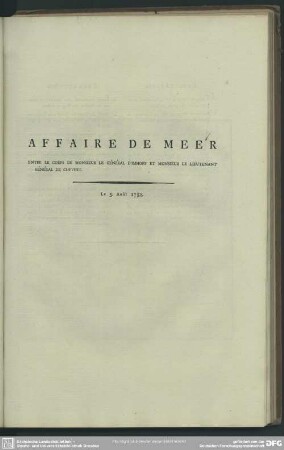 Affaire De Meer Entre Le Corps De Monsieur Le Général D' Imhoff Et Monsieur Le Lieutenant Général De Chevert. Le 5. Aout 1758
