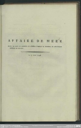Affaire De Meer Entre Le Corps De Monsieur Le Général D' Imhoff Et Monsieur Le Lieutenant Général De Chevert. Le 5. Aout 1758