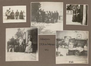 links oben: Großherzogin Luise und 2 ältere Paare (unbekannt) Mitte oben: Großherzogin Luise mit Personengruppe (unbekannt) rechts oben: Großherzogin Luise und Dame (unbekannt) links unten: Großherzogin Luise mit Personengruppe (unbekannt) rechts unten: Zimmer mit Geburtstagsgeschenken an Friedrich II. am 9. Juli