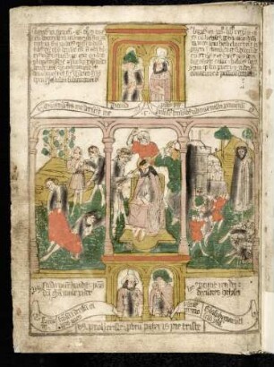 (1) Antitypus: Dornenkrönung Christi; Typen: (2) Ham verspottet Noah ; (3) Verspottung Elisas; (4) Propheten-Brustbilder