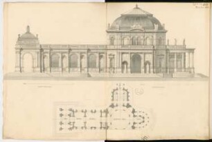 Ausstellungsgebäude Monatskonkurrenz November 1874: Grundriss, Aufriss Vorderansicht; 2 Maßstabsleisten